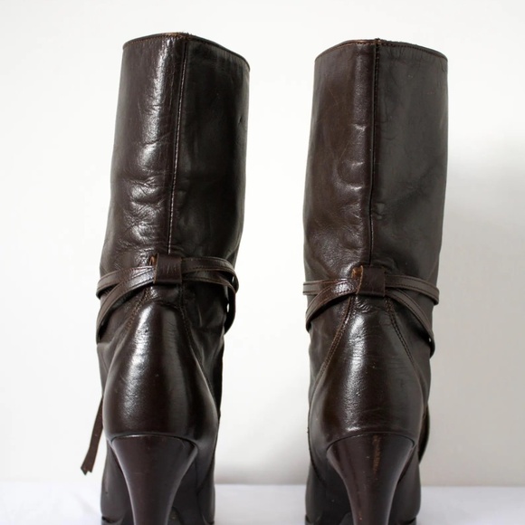 Brown Leather Mid-Calf Boots — Heeled Boots with Tie Detail, Women's Size 6 - Picture 6 of 9